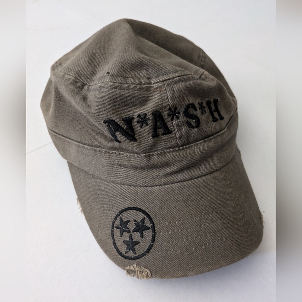 Vintage Army green NASH black Lettering Ball Cap Hat w/TriStar Nashville. Custom